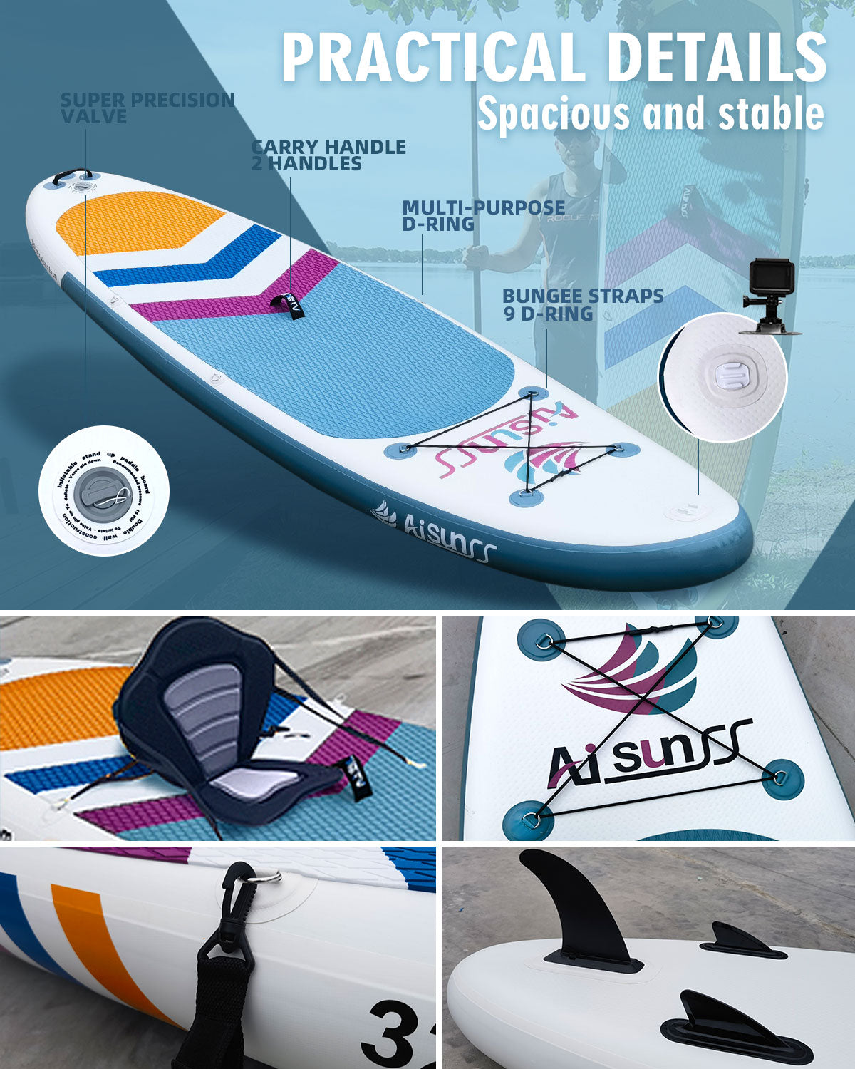 AISUNSS Inflatable Paddle Board for Adult, Paddle Board for All Skill Levels, Wide SUP Board with Primium Accessories Include SUP Carry Bag, Hand Pump, 10L Waterproof Bag and Adj Paddle