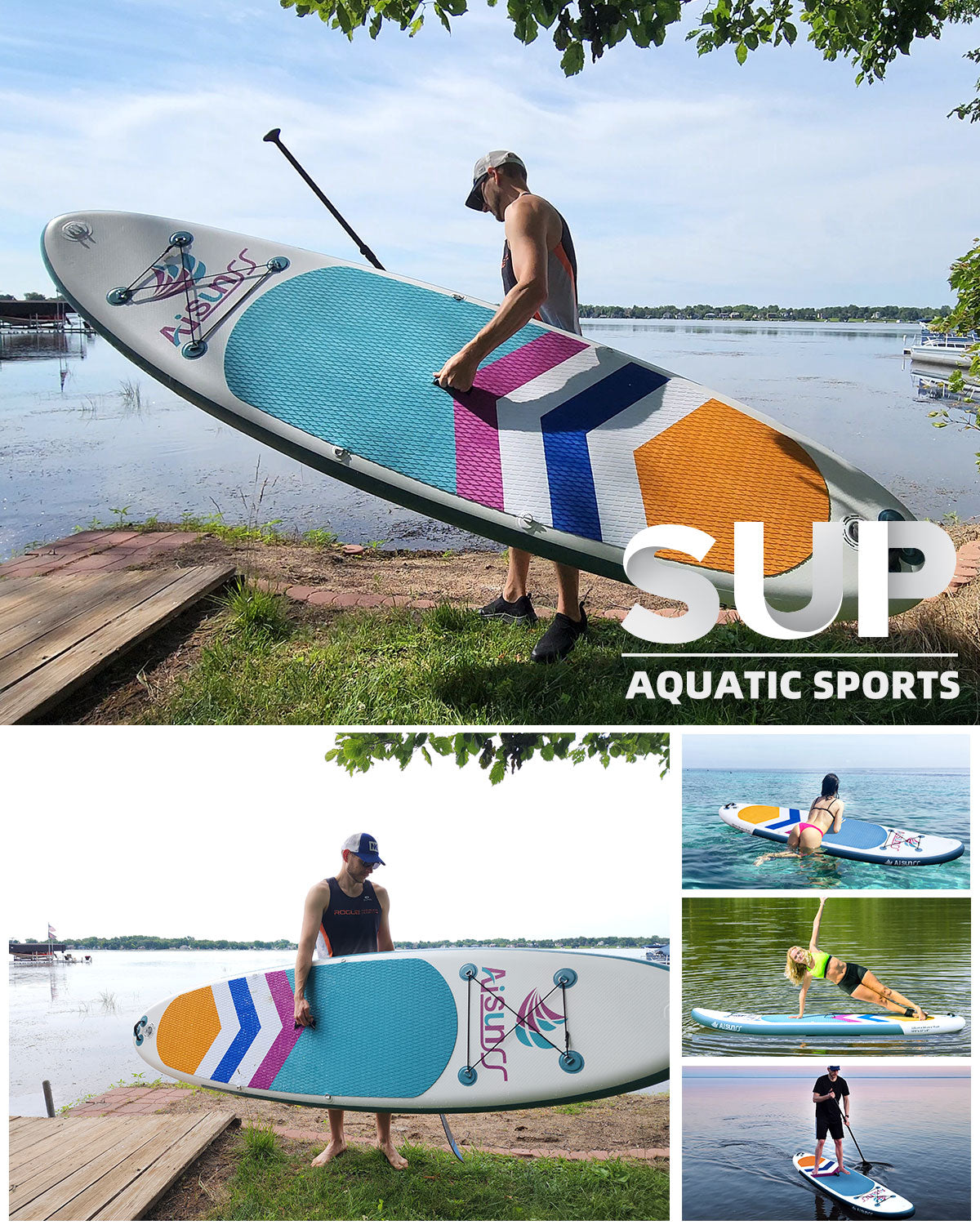 AISUNSS Inflatable Paddle Board for Adult, Paddle Board for All Skill Levels, Wide SUP Board with Primium Accessories Include SUP Carry Bag, Hand Pump, 10L Waterproof Bag and Adj Paddle