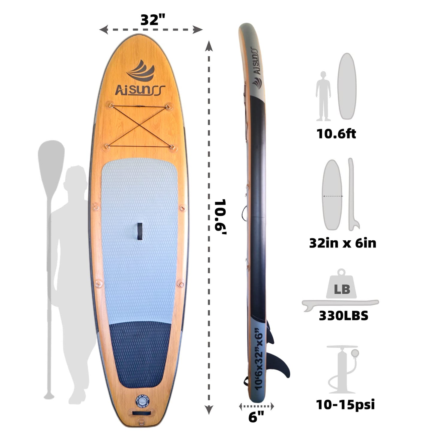 AISUNSS Inflatable Paddle Board - Wooden SUP